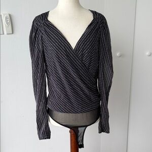 Astr Black Metallic-Striped Wrap Blouse
